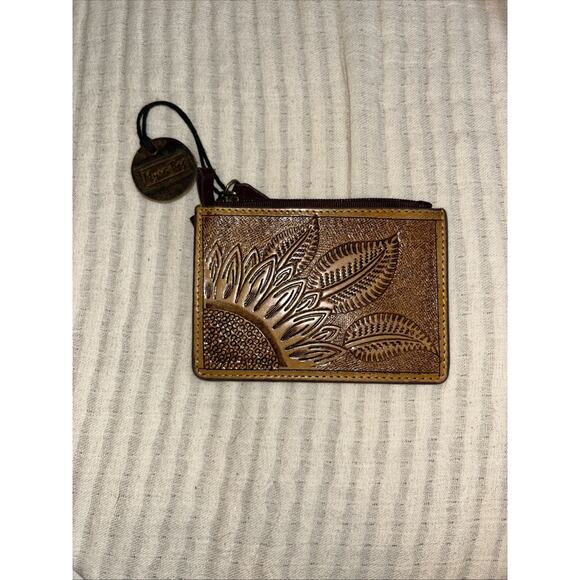 Myra Bag Card Case Small Wallet Brown Leather Floral Zip Coin Tooled - Picture 1 of 5
